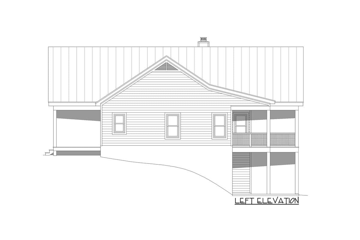 Left elevation drawing of a house plan, showing a gable end, porch, and horizontal siding.