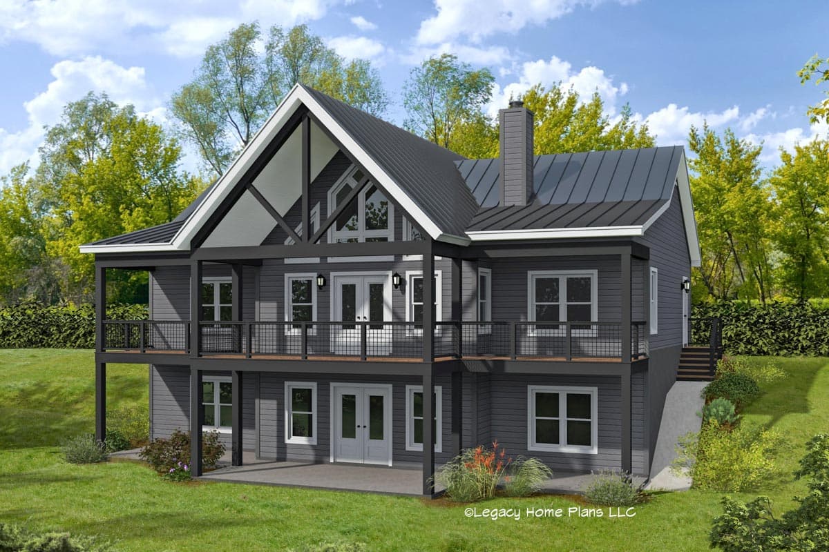 House plan exterior with two stories, a metal roof, and a covered porch. Features include gable rooflines and a balcony with a metal railing.