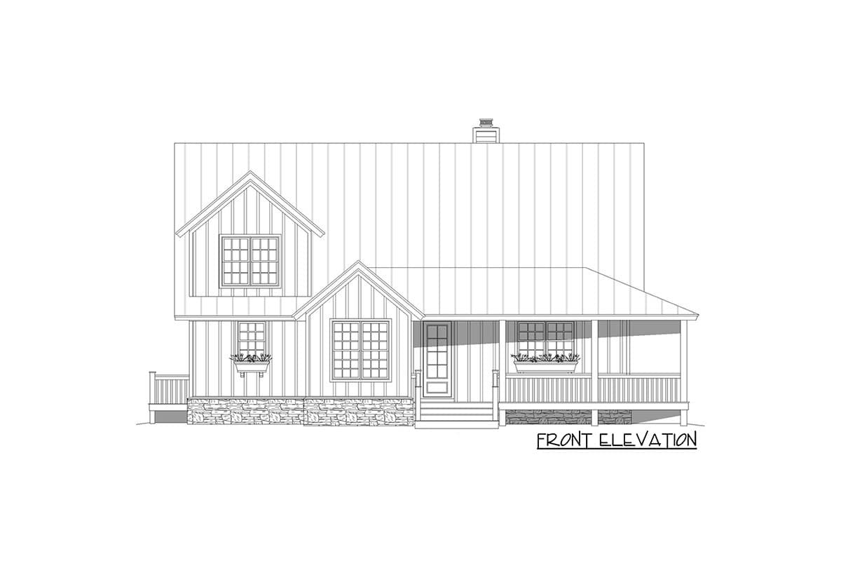 Front elevation house plan with gables, stone foundation, and covered front porch with railing.
