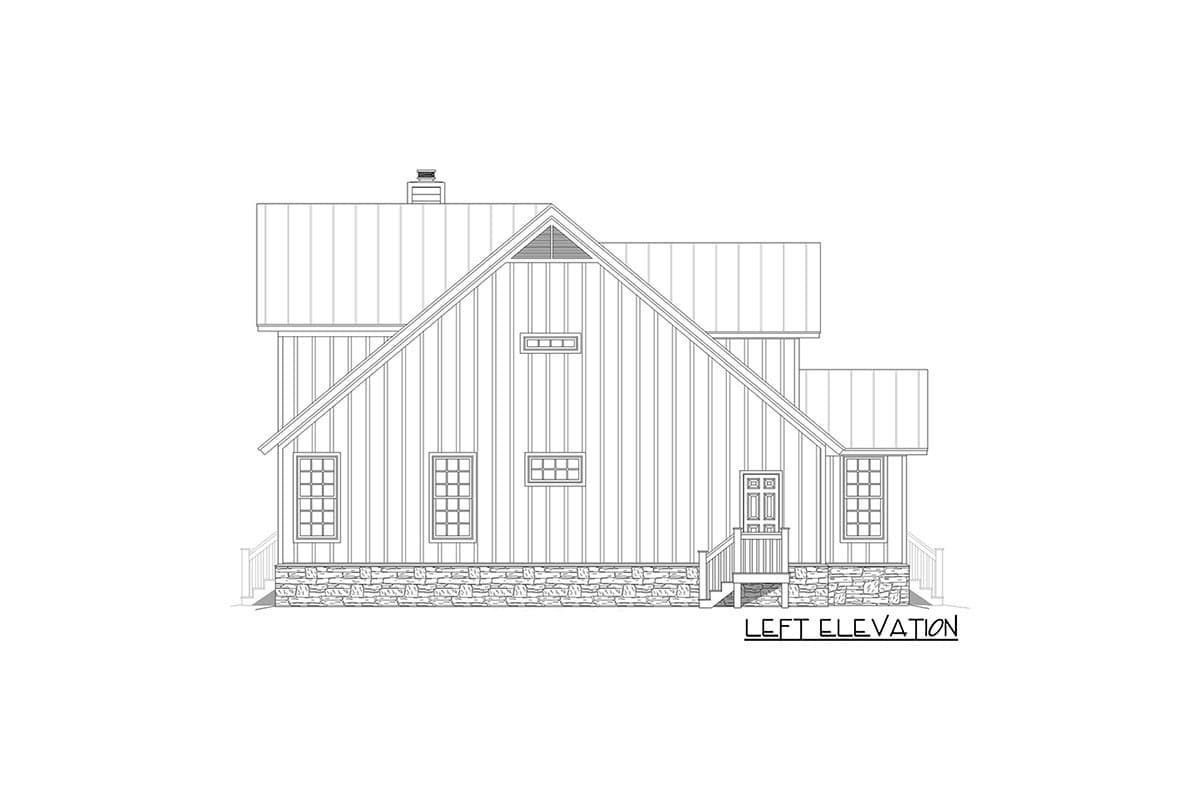 Left elevation drawing of house plan featuring vertical siding, gabled roof, stone foundation, and multiple windows.