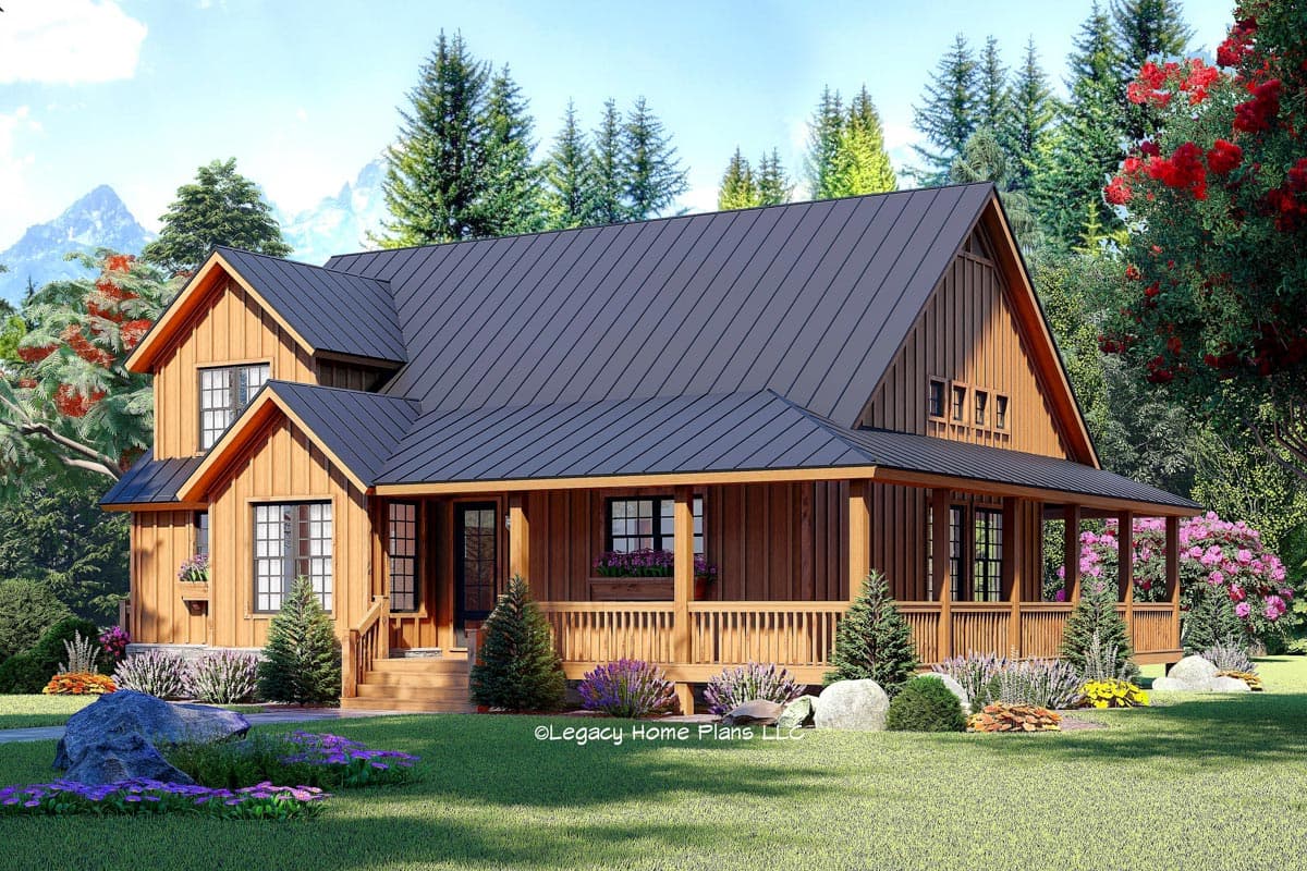 House plan exterior. Two-story Modern Farmhouse style with a wrap-around porch, gabled roof, and dormers.
