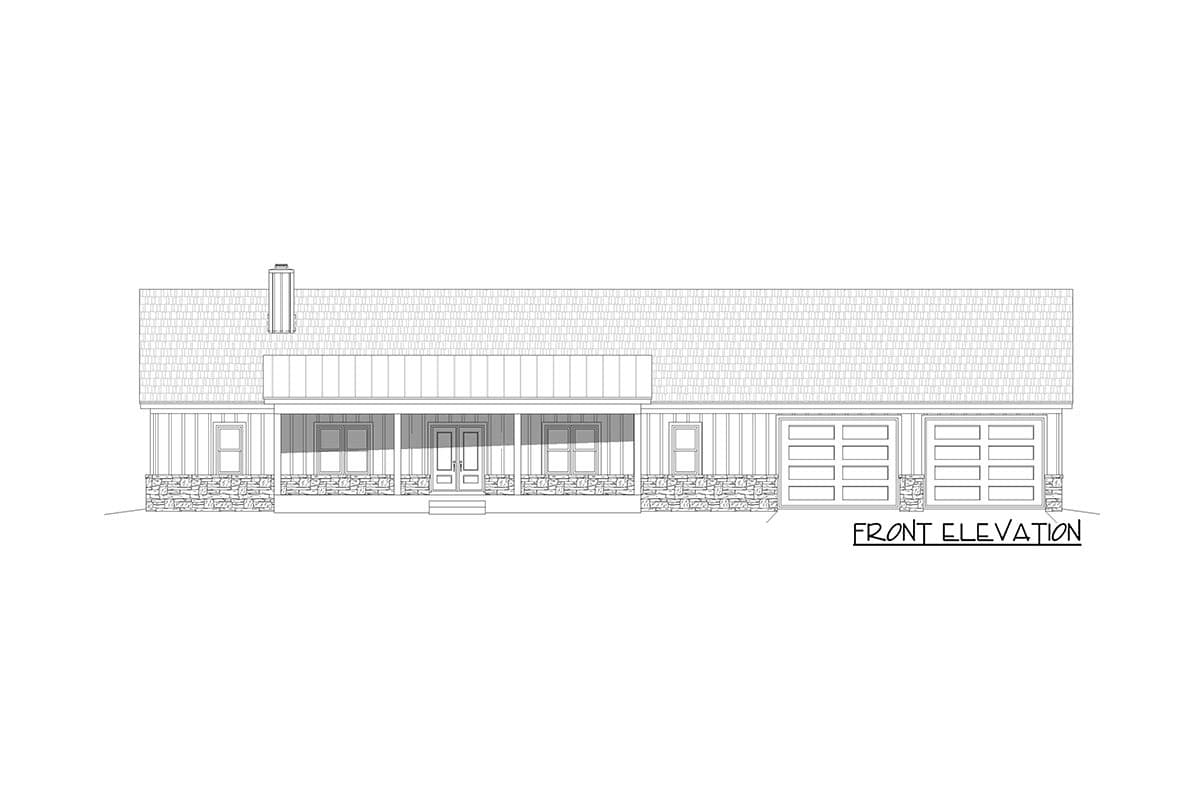 Front elevation house plan with a wide covered porch, double front doors, and a three-car garage.
