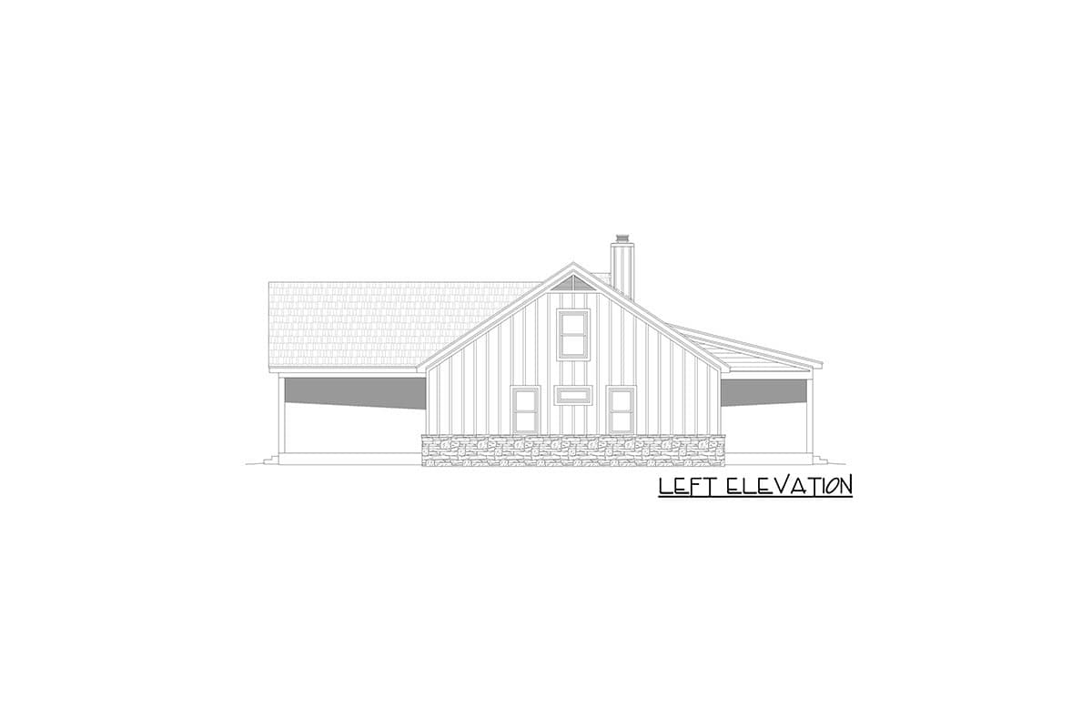 House plan left elevation drawing featuring a pitched roof, gabled facade, stone wainscoting, and covered porch.