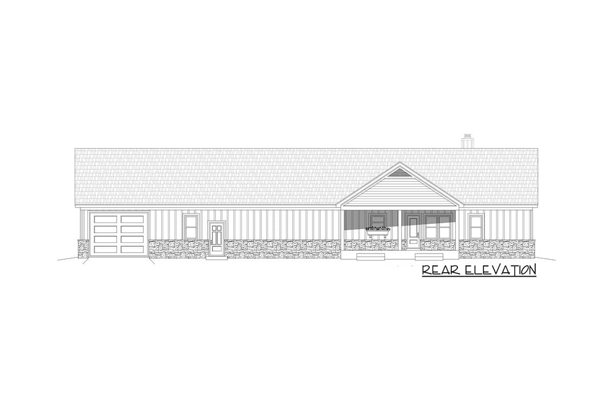 Rear elevation drawing of a one-story house plan with a two-car garage, stone foundation, and covered front porch.