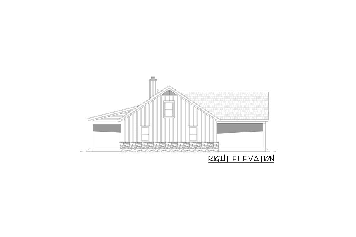 Architectural house plan right elevation showing stone wainscoting, vertical siding, gabled dormer, and covered porch.