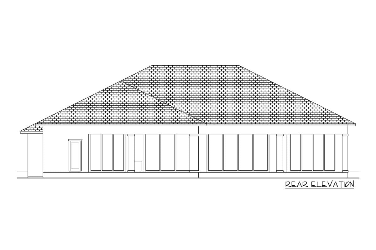 Rear elevation house plan with a large covered patio featuring numerous columns and a hip roof.