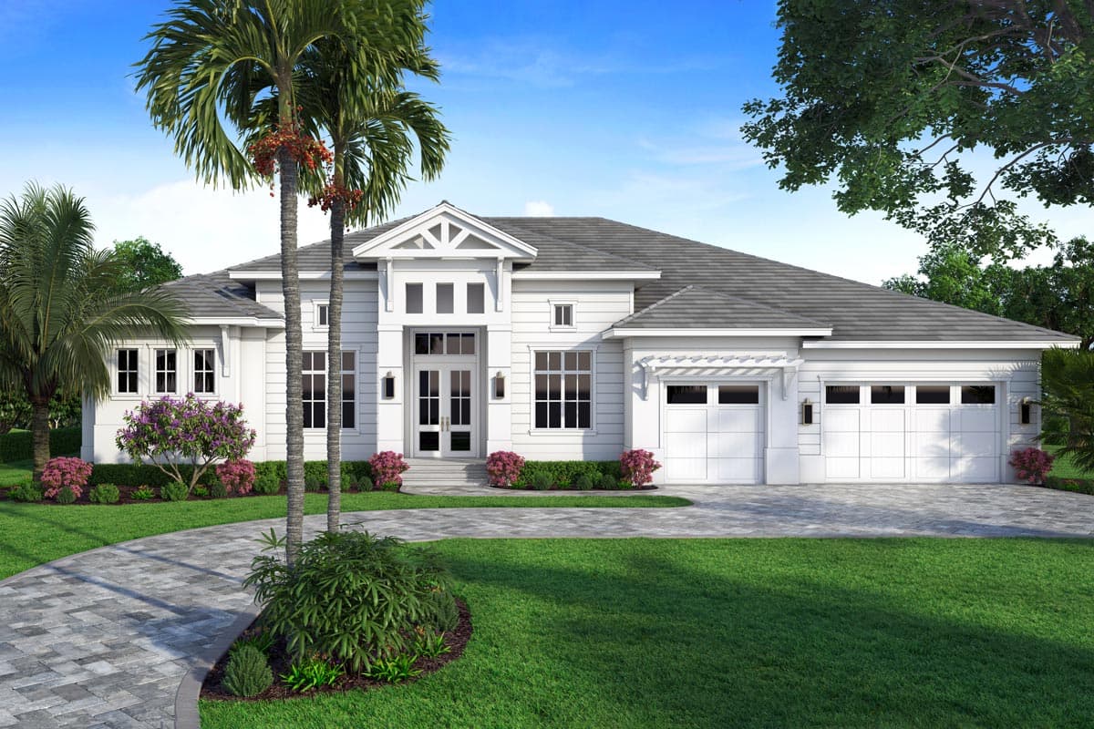 House plan exterior: Single-story Modern style home with a prominent gabled portico, double garage, and pitched roof.