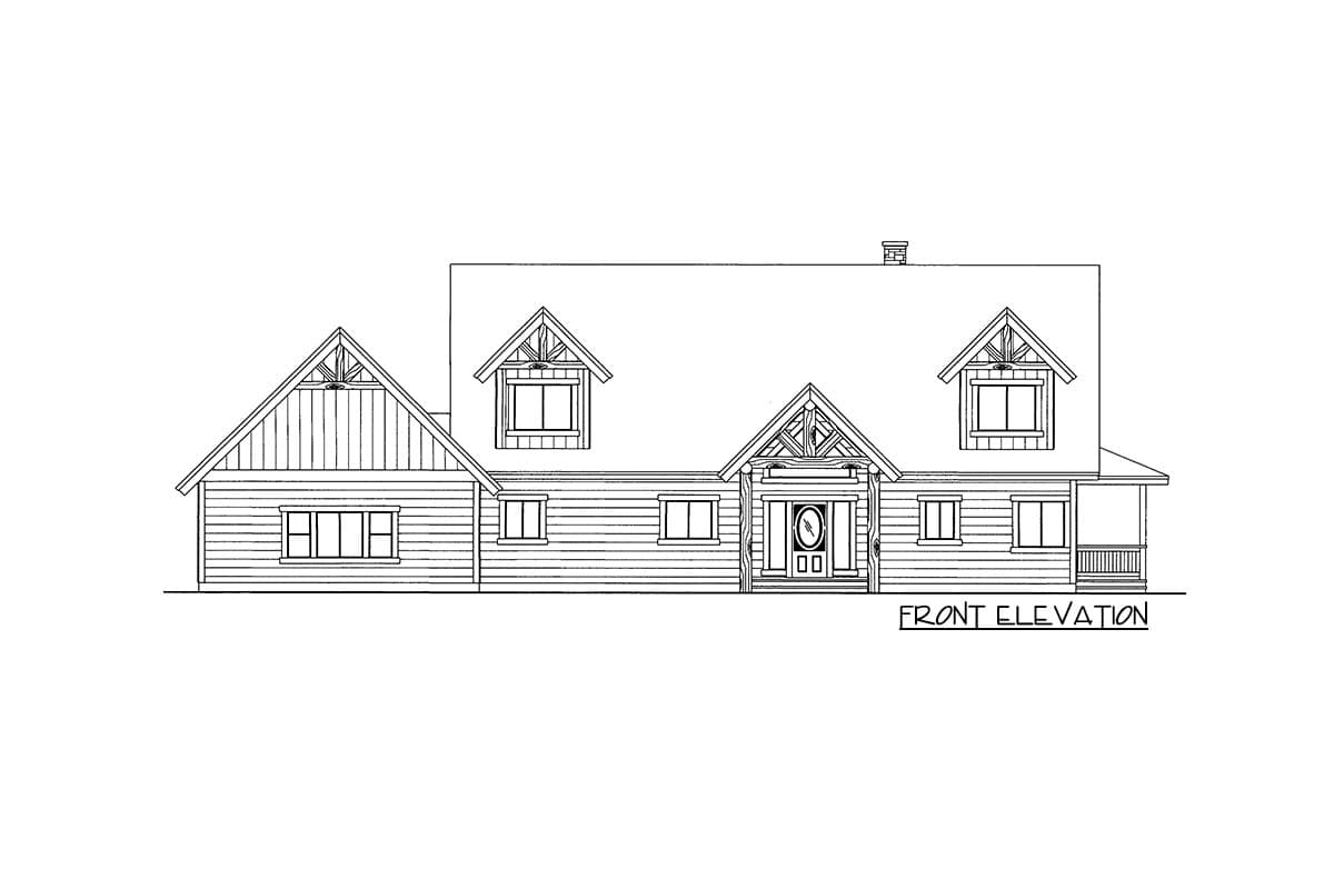 Front elevation house plan with a covered entry porch, multiple gables, dormers, and horizontal siding.