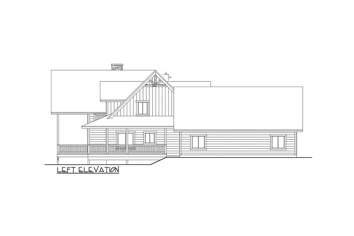 Left elevation of a house plan showing a covered porch, gable dormer with vertical siding, and hip rooflines.