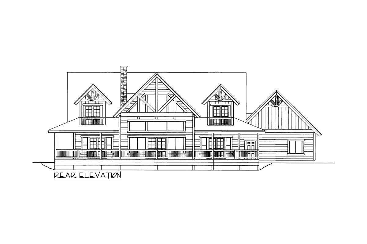 Rear elevation drawing of a house plan with a wraparound porch, multiple gables, and dormers.