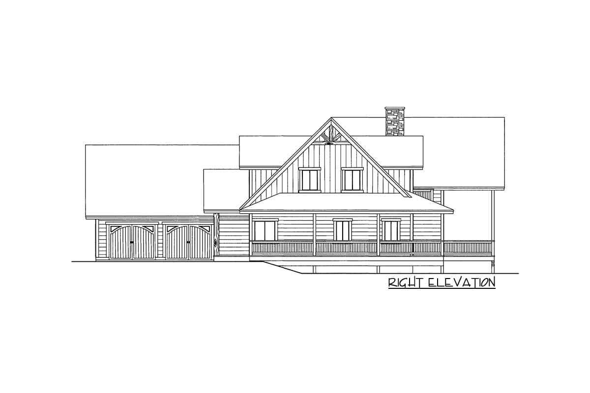 Right elevation house plan with a gabled front, covered porch, dormers, chimney, and attached three-car garage.