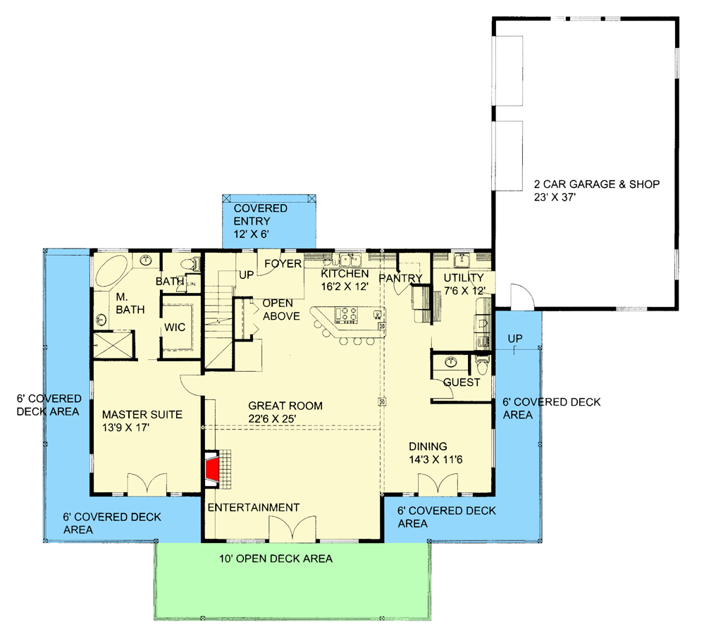 Plan 350006GH: 2-Story Rustic Lake House Plan with Home Office and Workshop - Floor Plan - Main Level - Craftsman, Mountain, Rustic