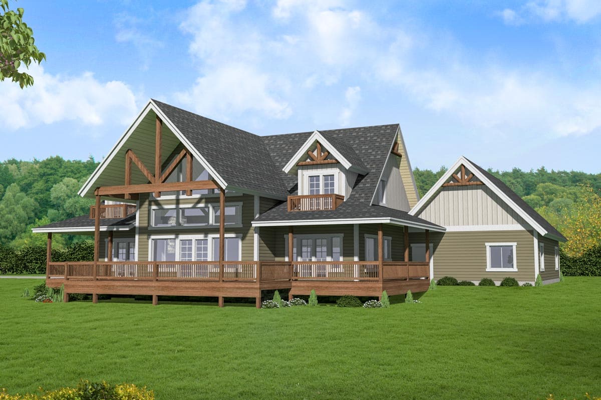 House plan exterior with Craftsman style. Features include multiple gables, front porch, and exposed timber detailing on the roof.