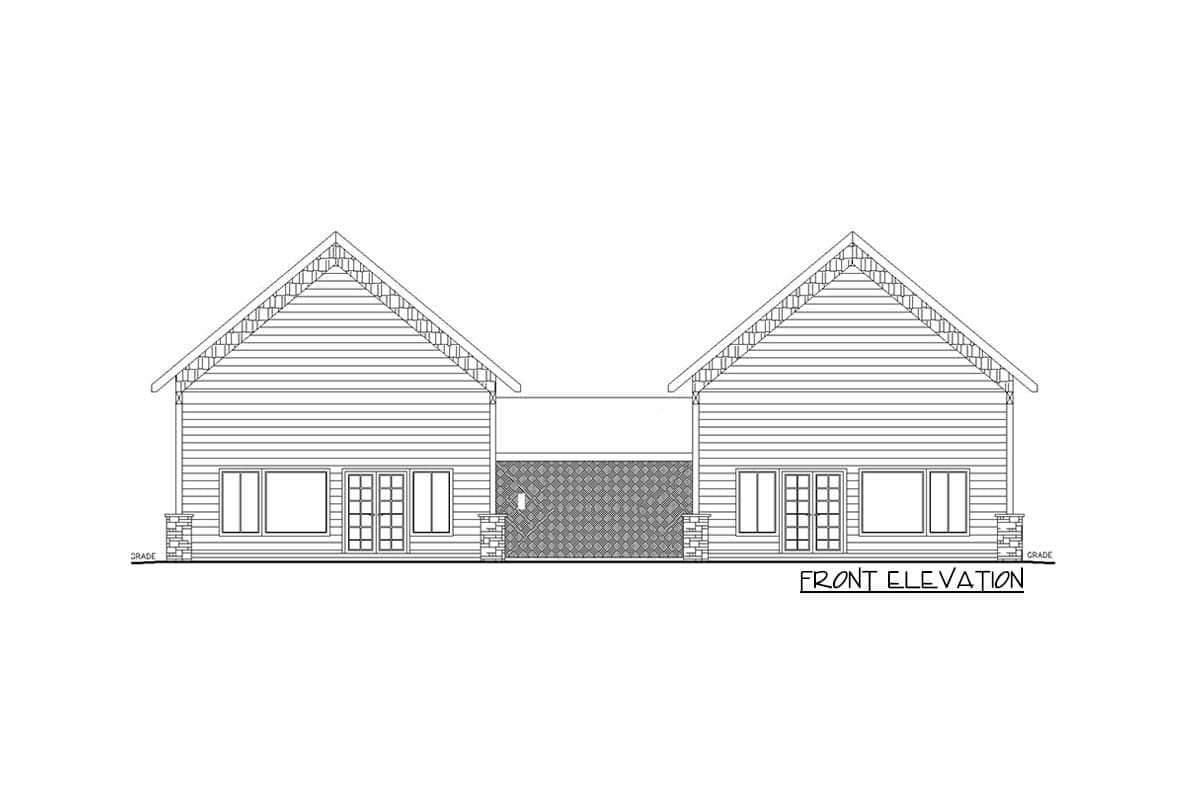 Front elevation drawing of a single-story house plan featuring symmetrical gables, horizontal siding, and connected garage.