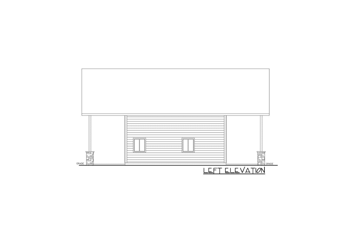 Left elevation of a house plan showing horizontal siding, two windows, and two porch columns with stone bases.