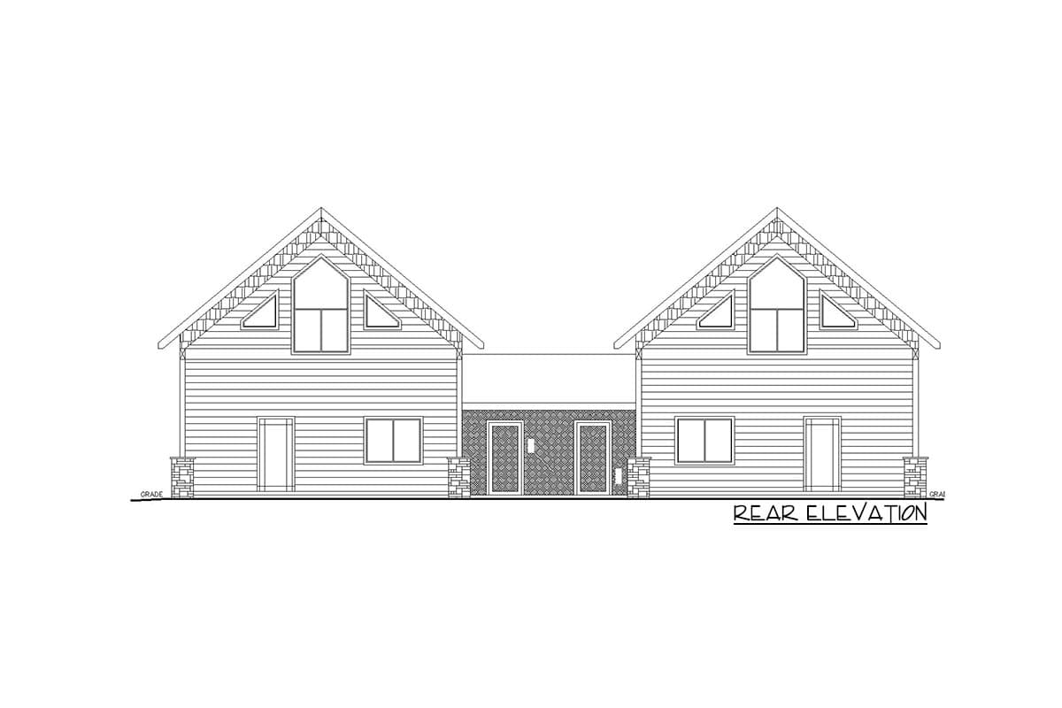 Rear elevation drawing of a house plan featuring gabled roofs with dormer windows, horizontal siding, and stone accents.