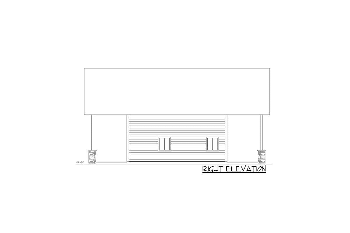 Right elevation house plan drawing showing siding, two windows, two covered porch areas with stone bases, and grade line.