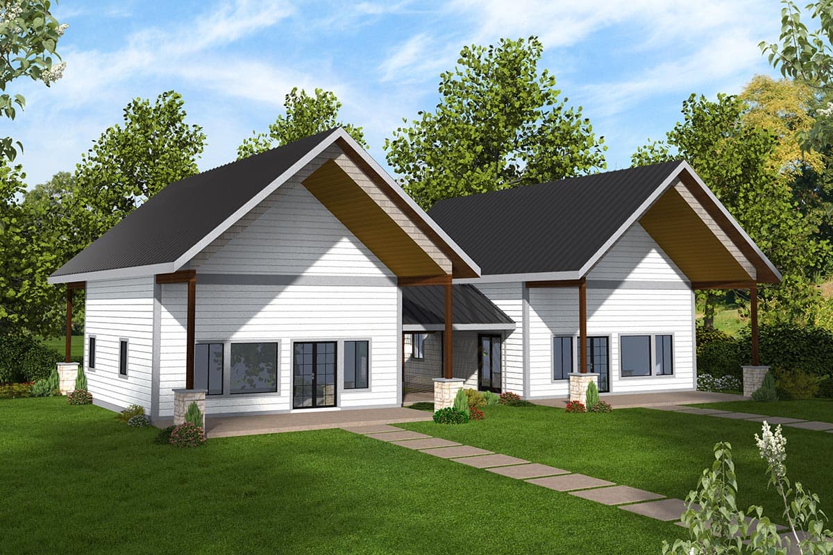 House plan exterior featuring a two-story design. Highlights include gable rooflines, covered porch supported by columns, and board-and-batten siding.