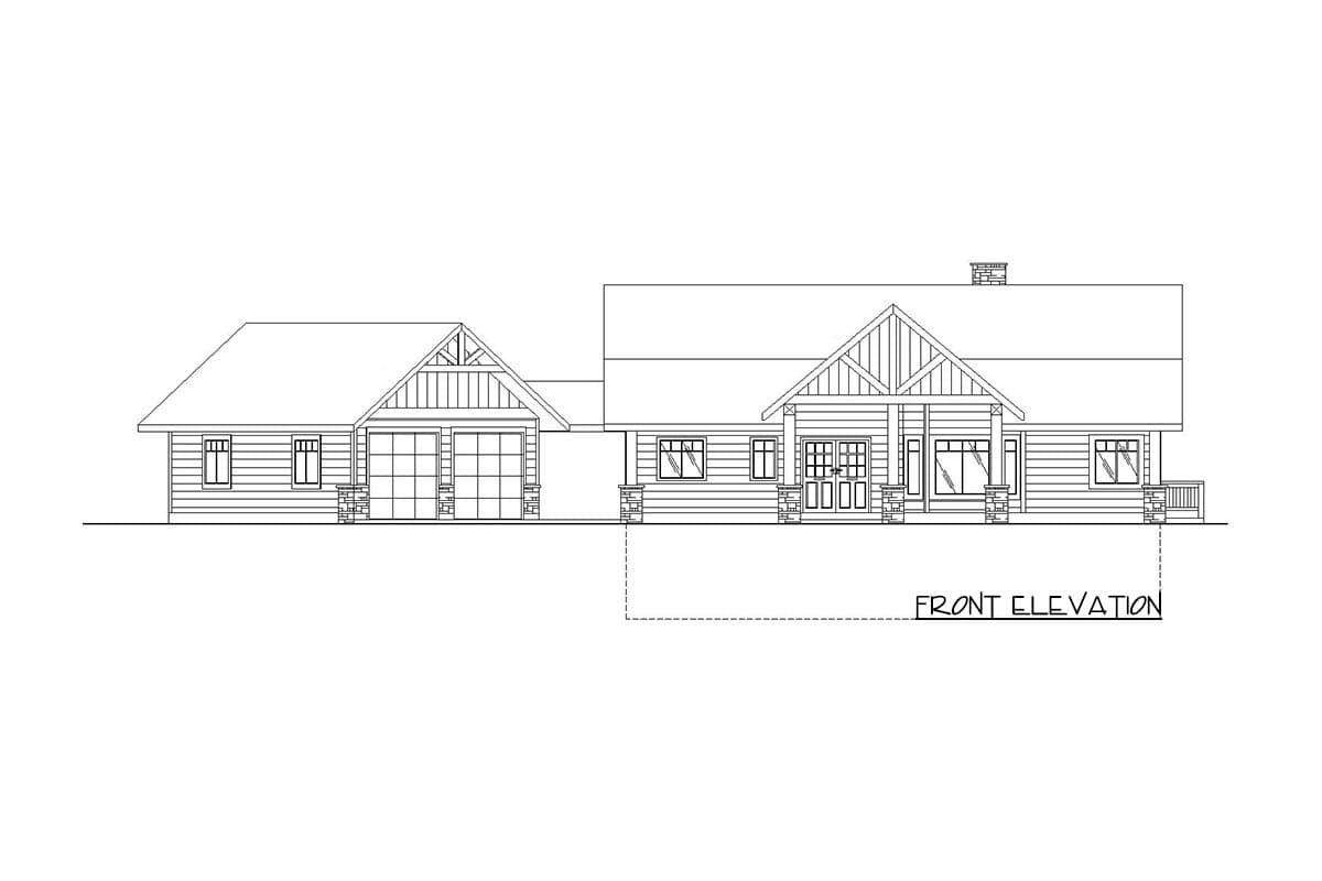 Front elevation drawing of a single-story house plan with attached two-car garage, gable roof, and covered porch.