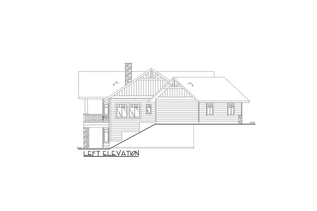 Left elevation drawing of house with gabled dormers, porch, and stone chimney.