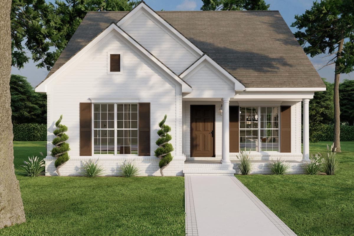 House plan exterior. One-story Ranch style home with gabled roof, covered porch with columns, and decorative shutters.