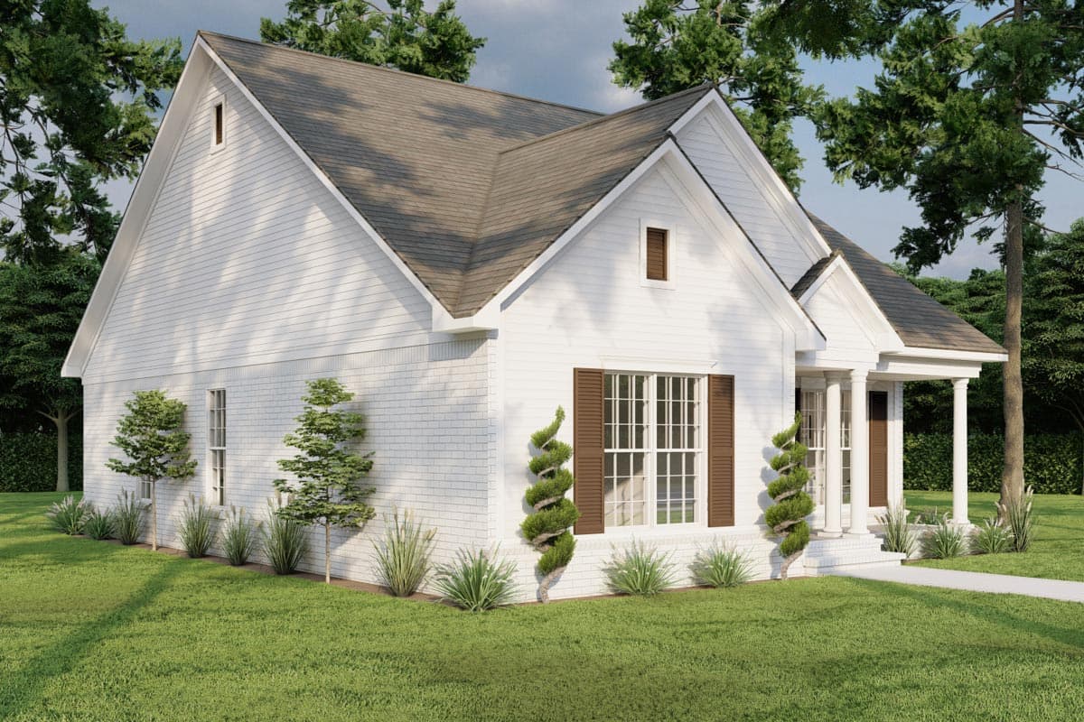 House plan exterior, one-story Modern Farmhouse with a covered front porch, prominent gables, and white brick siding.