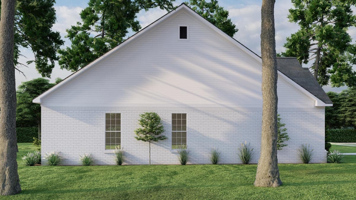 Modern Farmhouse house plan exterior with white brick and siding, a gable roof, and two visible windows.
