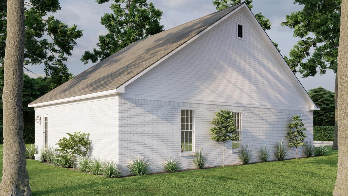 House plan exterior: Modern Farmhouse style, one story, white brick and siding, gable roof, multiple windows, and a small gable vent.