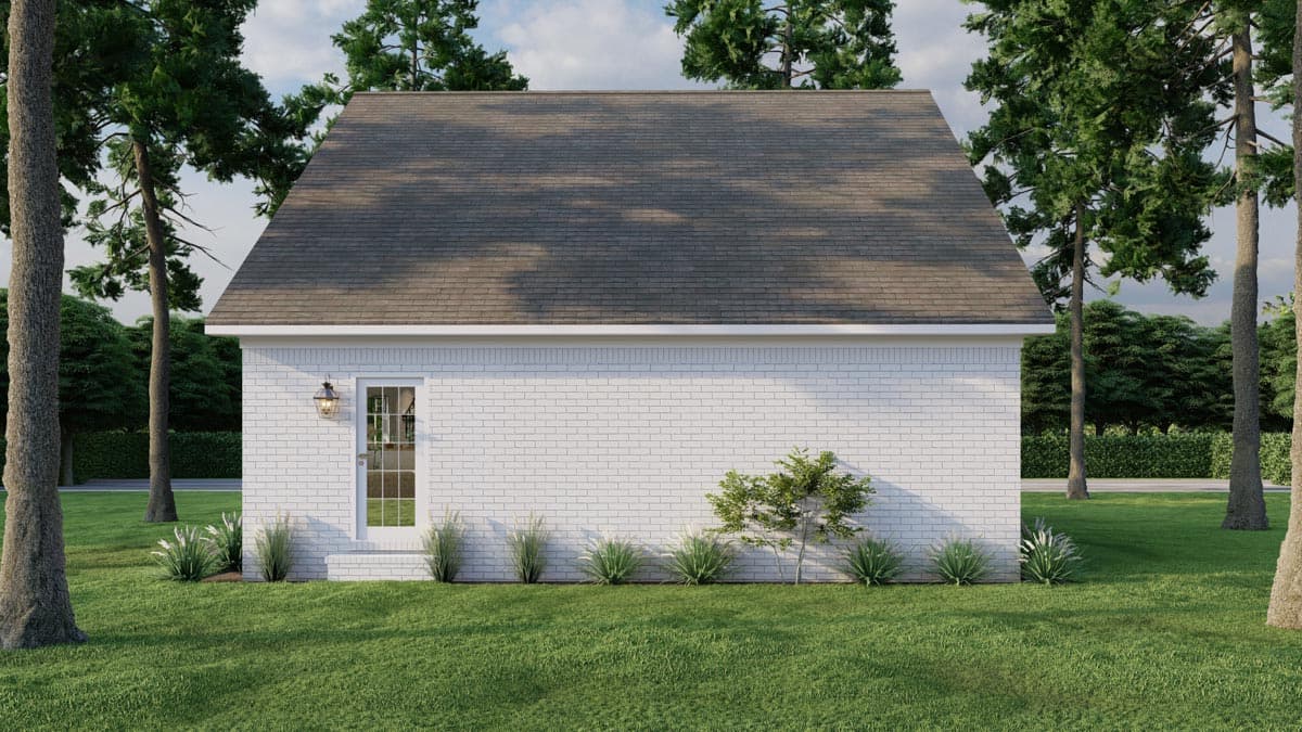 House plan exterior with white brick siding, a gabled roof, and a single glass-paneled door.