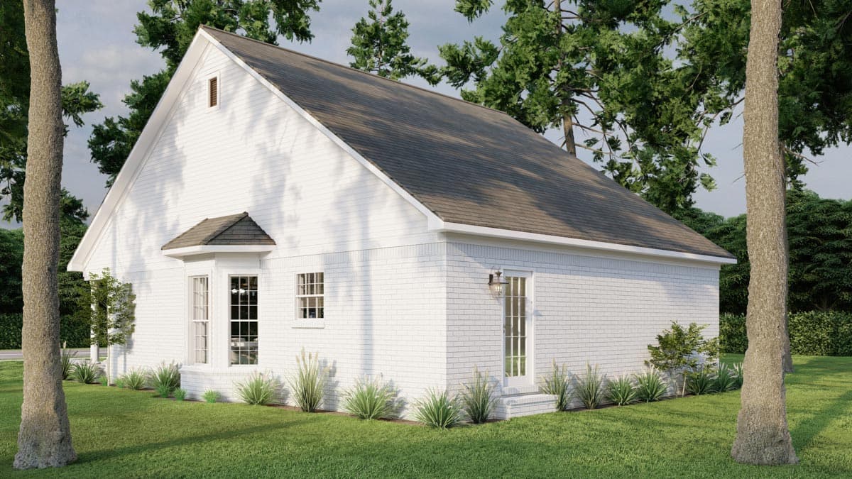 House plan exterior: one-story white brick home with a gable roof, bay window, and side entrance.