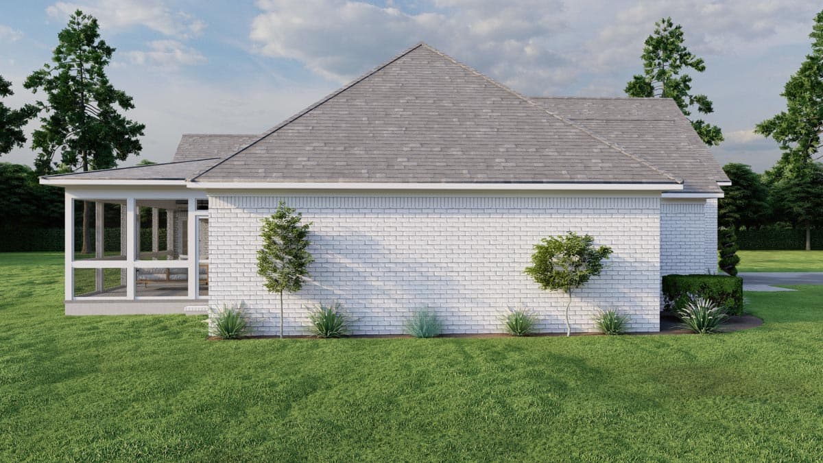 House plan exterior: single-story, white brick, gable roof, and screened porch.