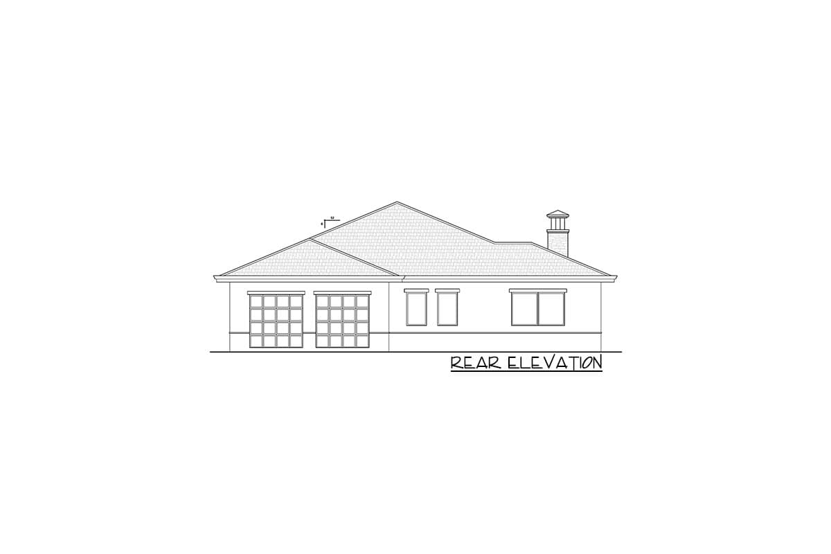 Rear elevation drawing of a single-story house with large multi-pane windows, two smaller windows, and a chimney.
