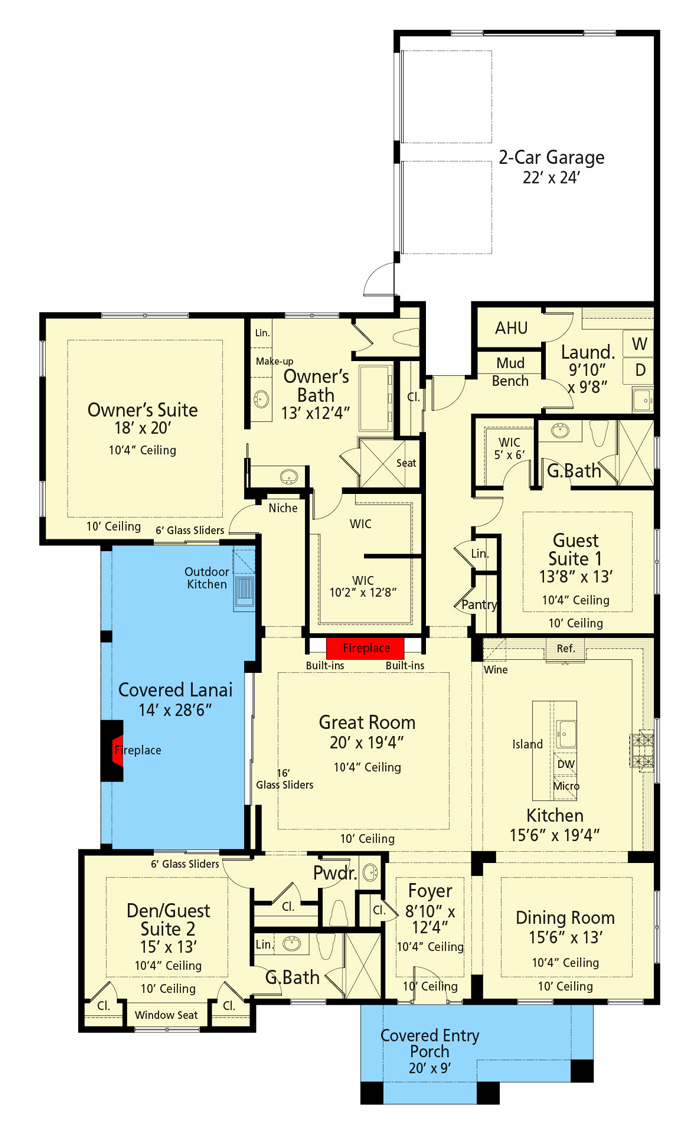 Plan 33254ZR: Modern Craftsman-Style House Plan Just Under 3000 Square Feet with Garage in Back - Floor Plan - Main Level - Contemporary, Craftsman, Mountain, New American, Rustic
