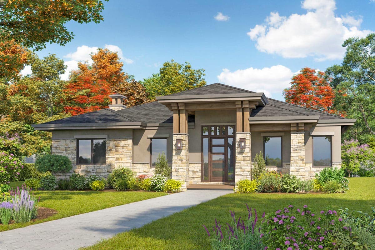 House plan exterior. Modern style, single-story home with a covered entry, stone veneer accents, and a low-sloped roof.
