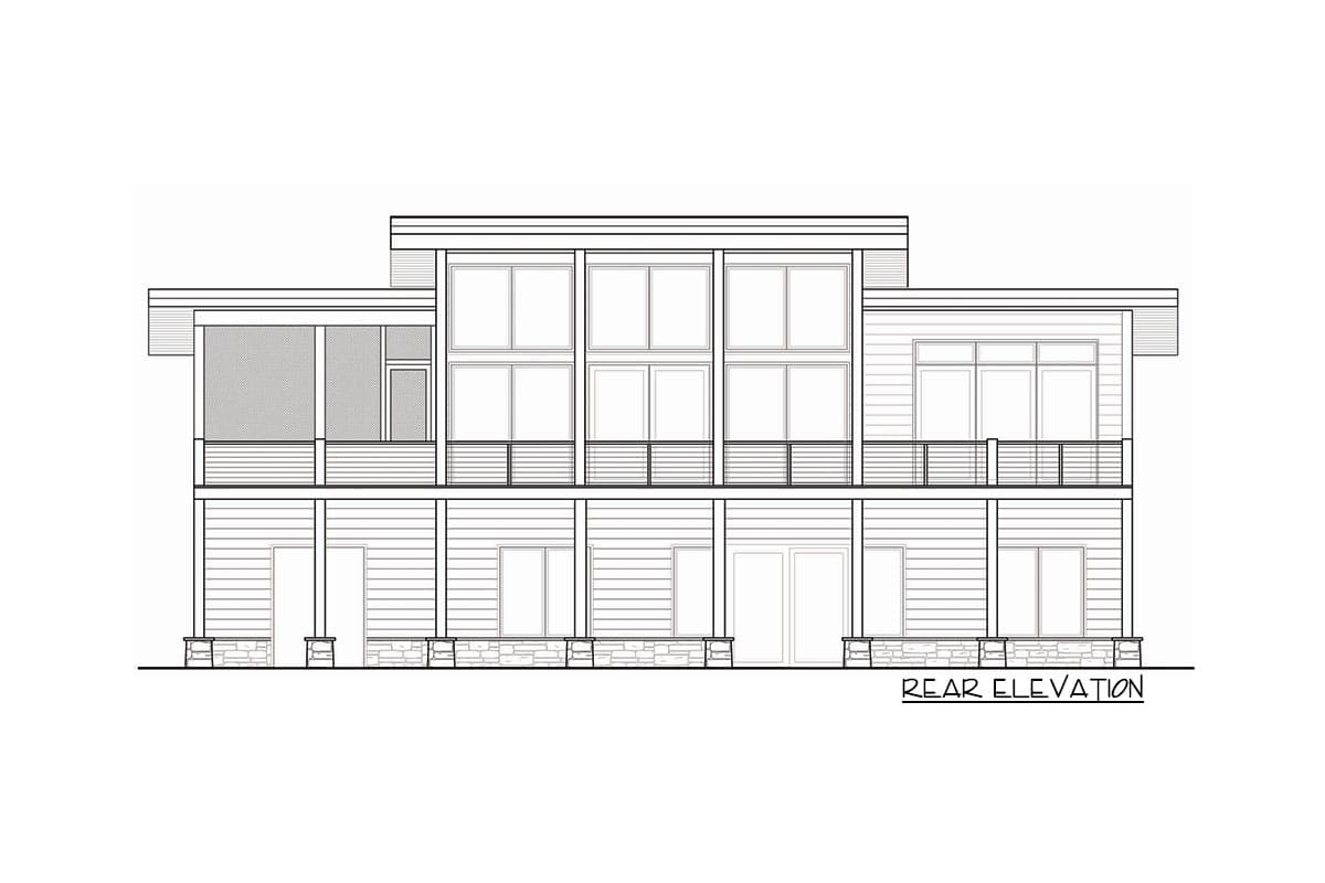 Rear elevation house plan shows a two-story modern design with a wrap-around porch, large windows, and screened porch.