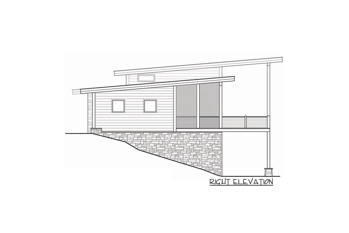 Right elevation house plan: Modern style with single story, sloped roof, stone foundation, and screened porch.
