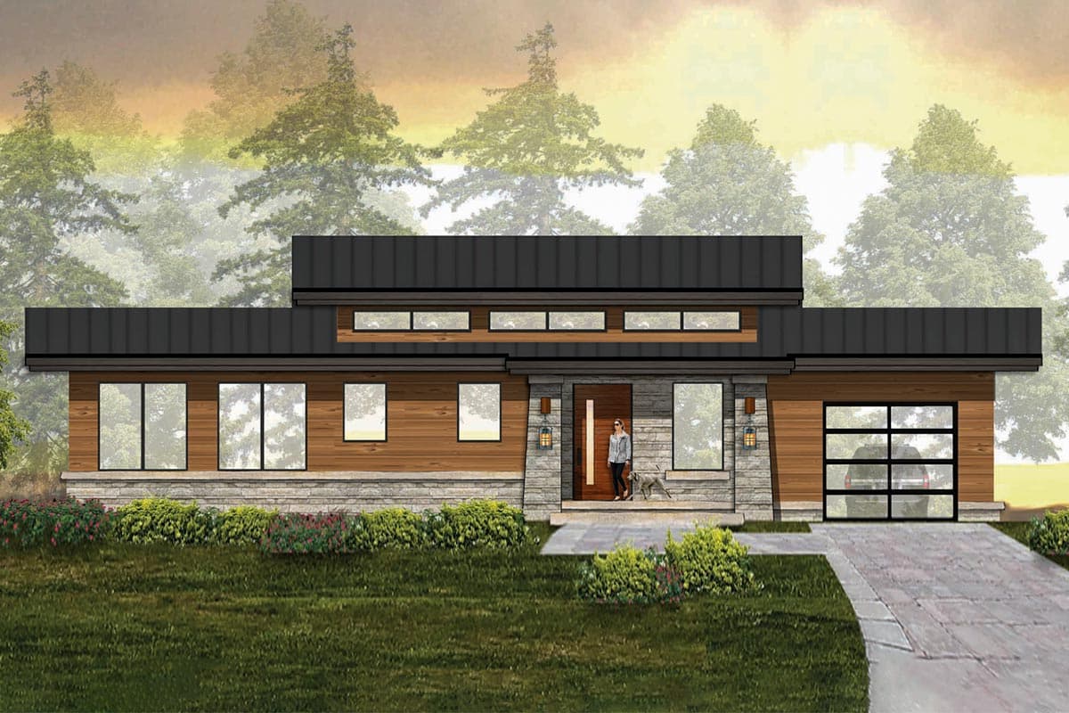 House plan exterior. Modern, one-story home with a flat roof. Features include a glass garage door, stone accents, and rectangular windows.