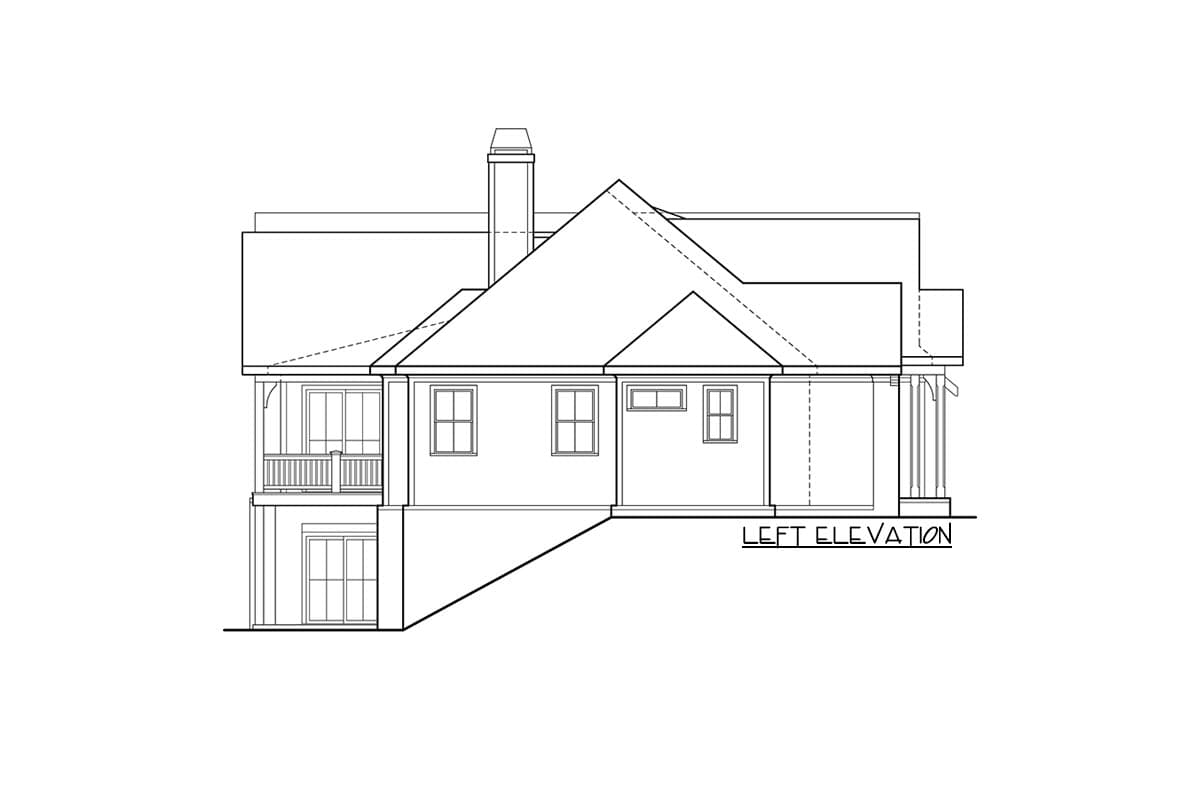 Left elevation house plan shows a two-story home with a prominent gable, chimney, and covered porch with pillars.