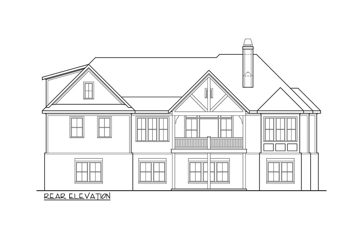 Rear elevation drawing of a two-story house with gables, dormers, a balcony, and a chimney.