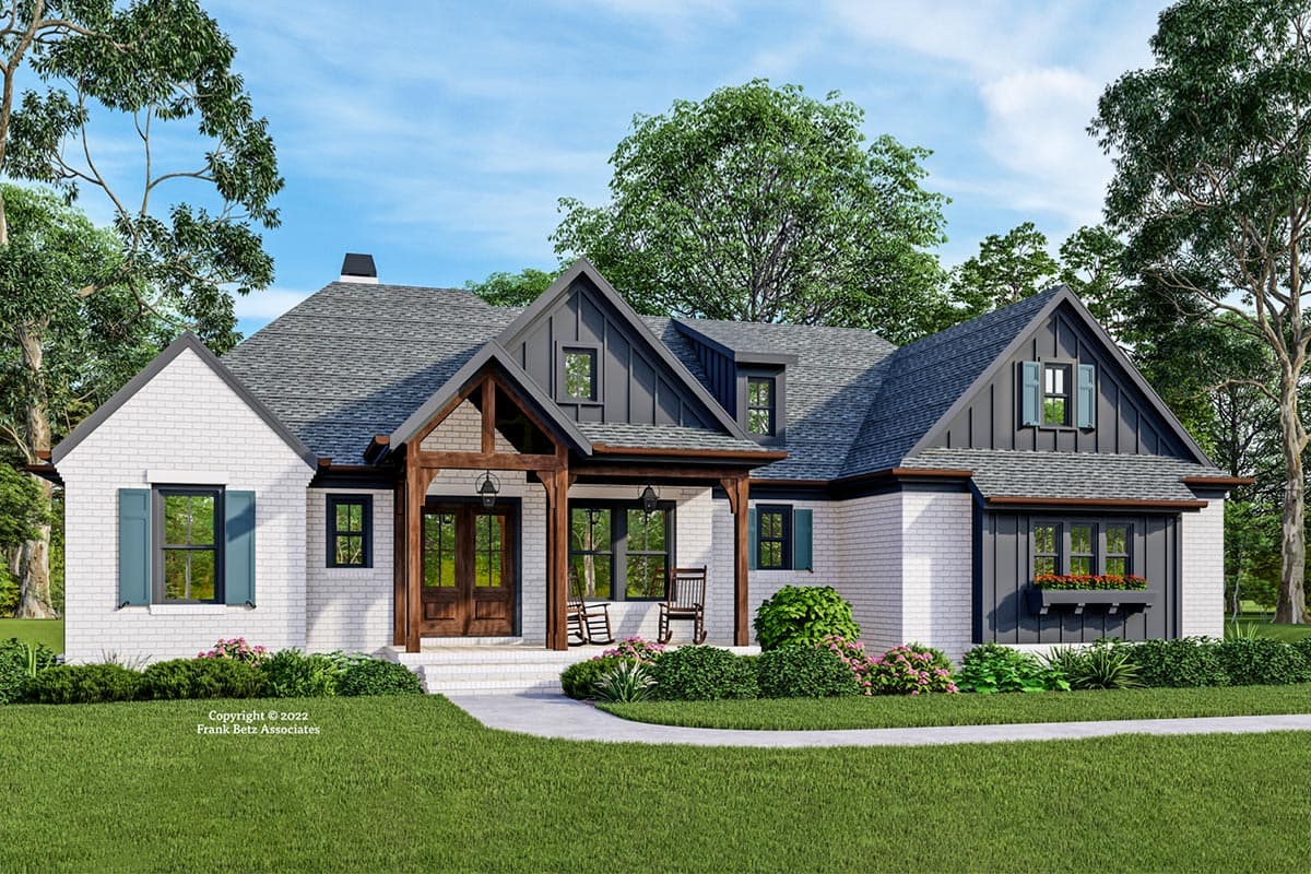 House plan exterior. Modern Farmhouse style with brick facade, gable roof, and covered porch with exposed timber beams and rocking chairs.
