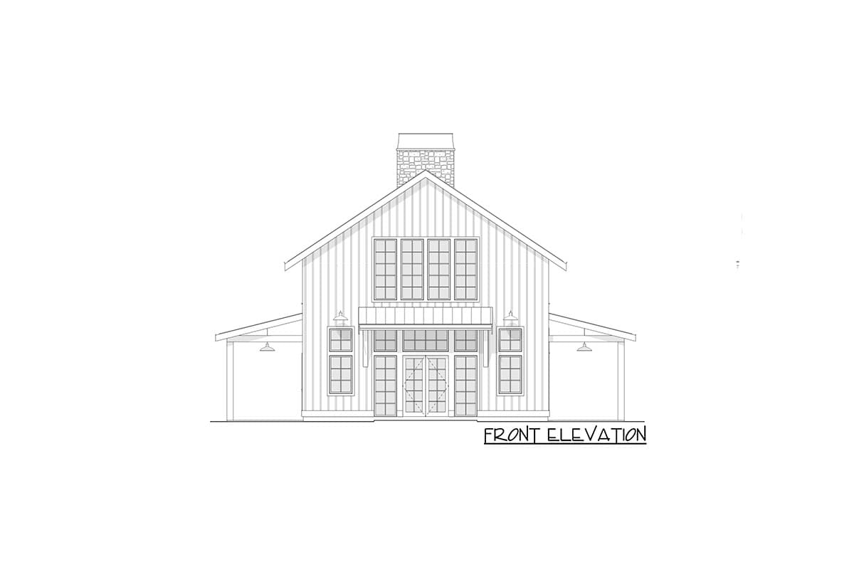 Front elevation drawing of a house plan featuring a gabled roof, stone chimney, and multiple windows.