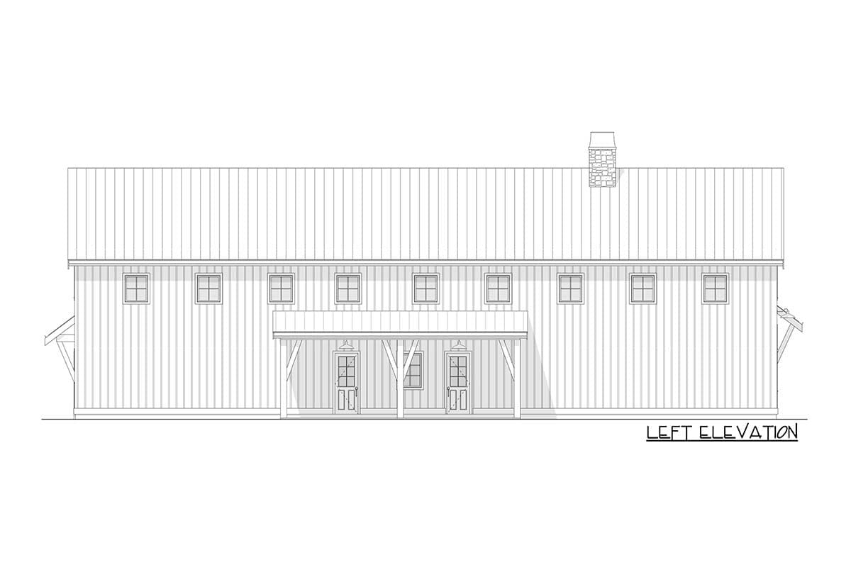 Left elevation of a house plan featuring a metal roof, multiple square windows, a covered porch with two doors, and a stone chimney.