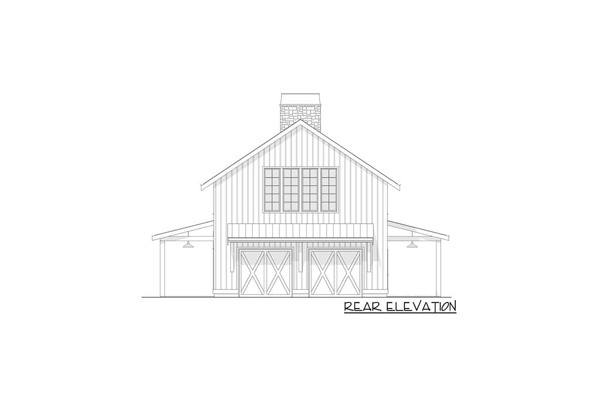 Rear elevation drawing of a two-story house plan featuring board and batten siding, two garage doors, and a stone chimney.