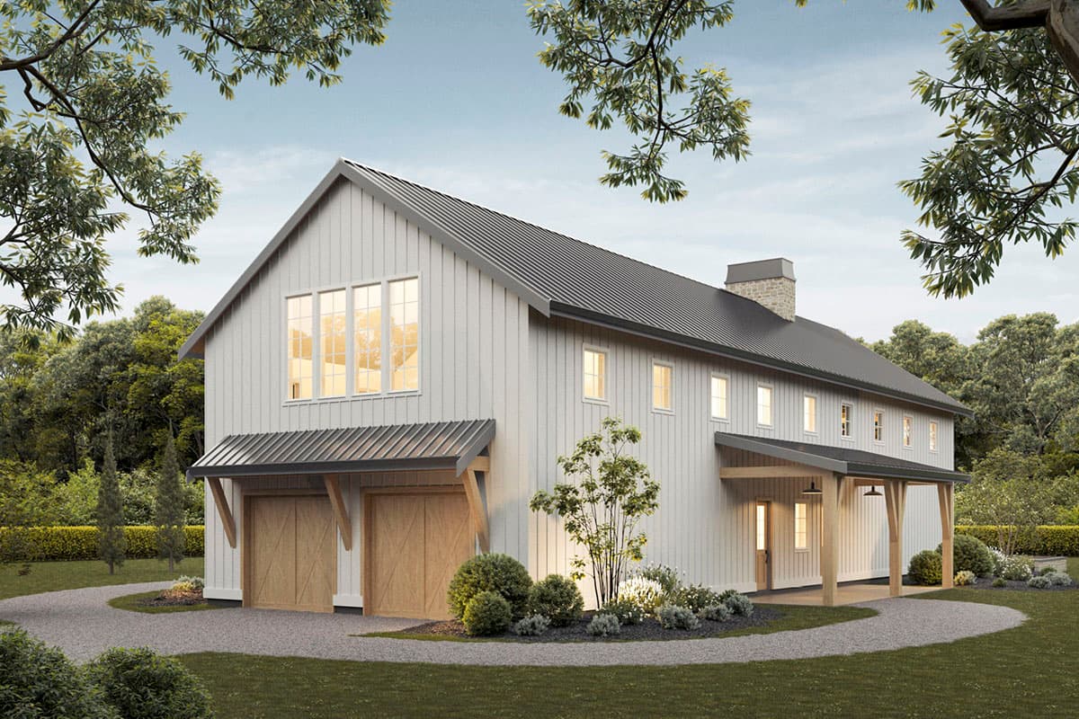 Modern farmhouse house plan exterior with vertical siding, metal roof, two garage doors, and covered entryway.