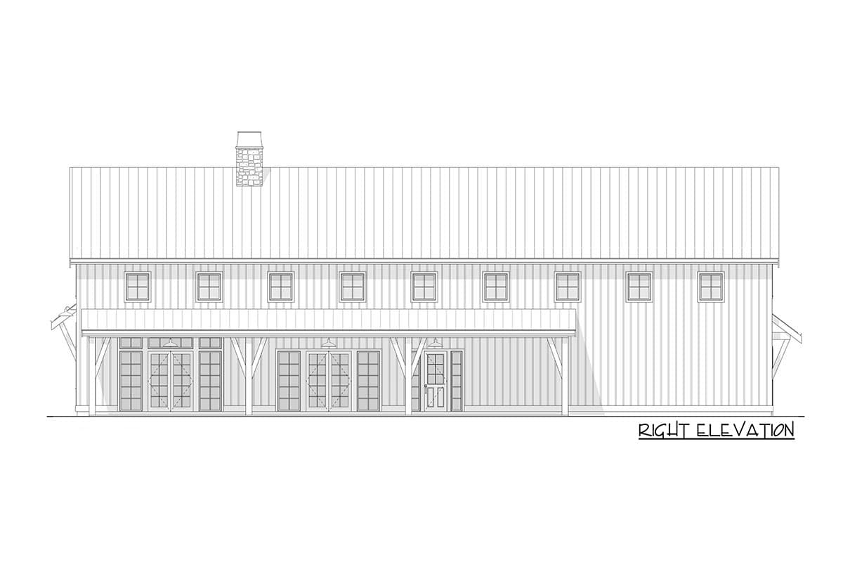 Right elevation house plan with metal roof, multiple windows, covered porch with French doors, and stone chimney.