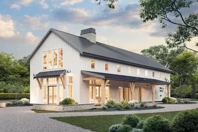 Barndominium-Style House Plan with Two Open-To-Below Spaces Under 3500 Square Feet