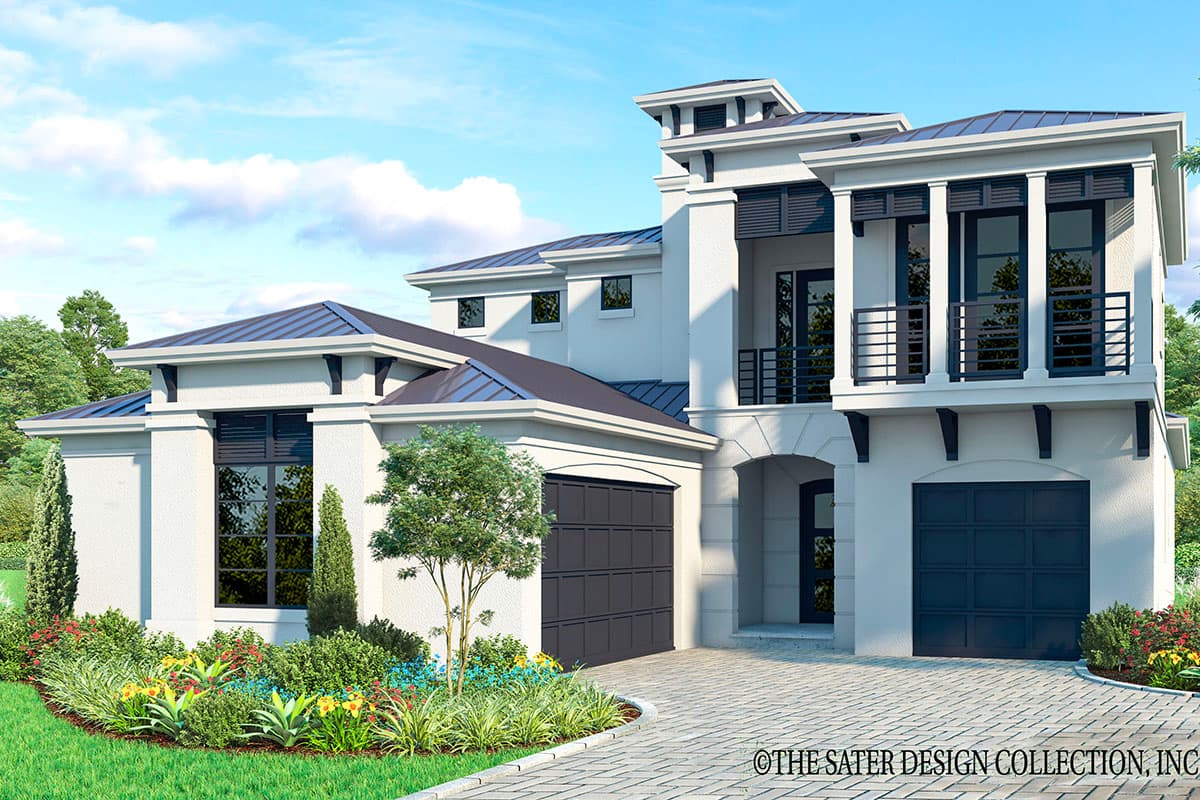 House plan exterior with two stories. Features include a covered entry, balcony with metal railings, and a side-entry garage.