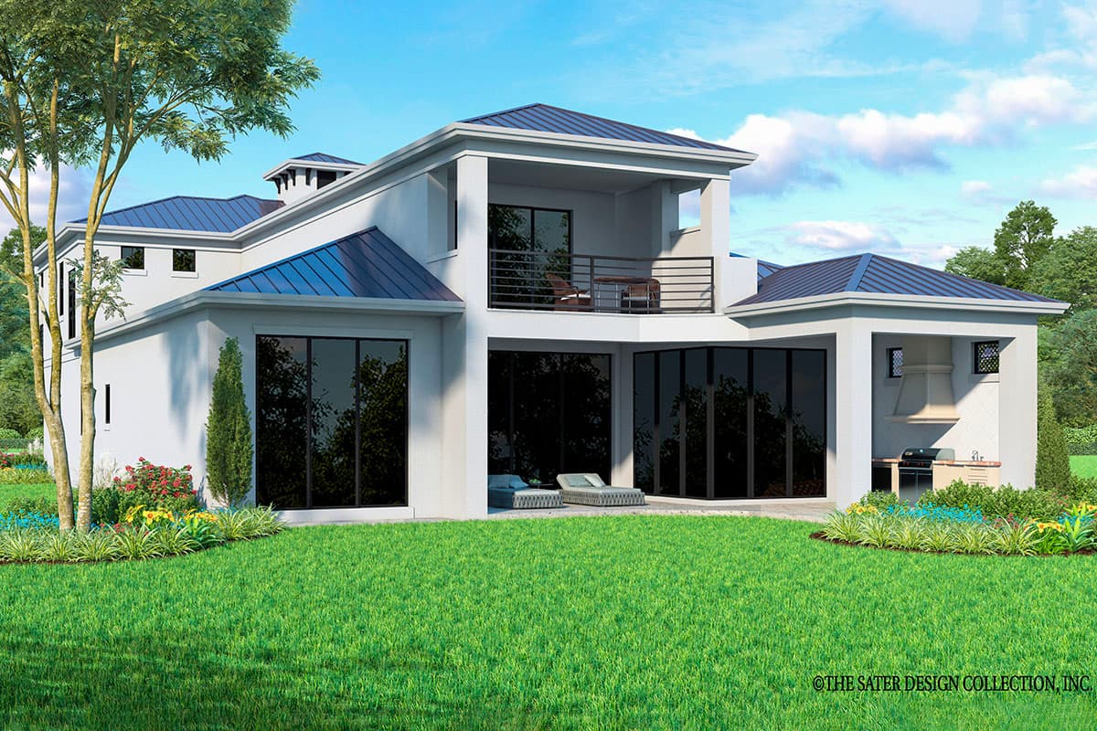 House plan exterior rendering with stucco walls, dark metal roofs, large windows, second-story balcony, and outdoor kitchen.