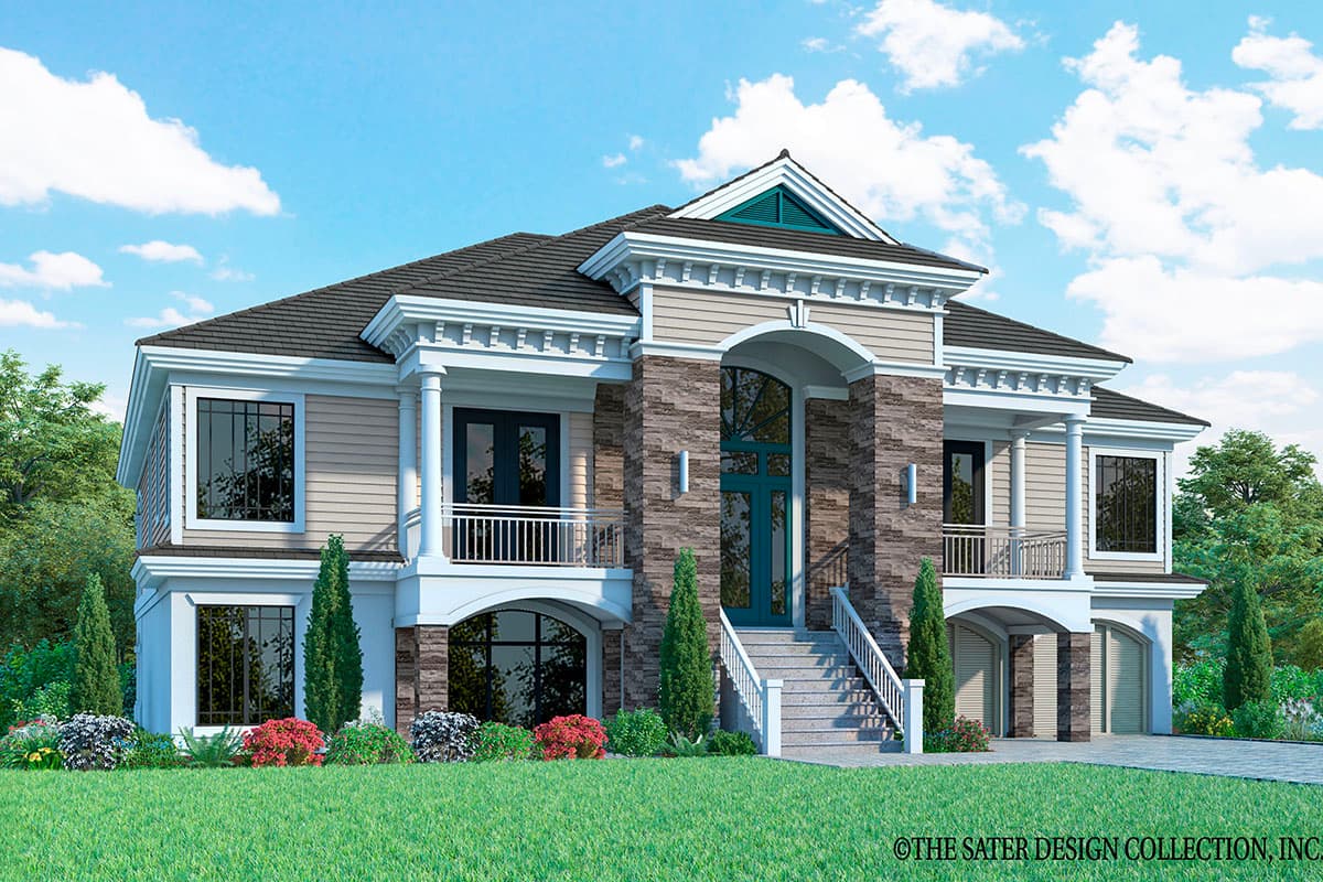 House plan exterior. Two-story with columns, arched entry, and a multi-gabled roofline. Features include a covered porch and stone accents.