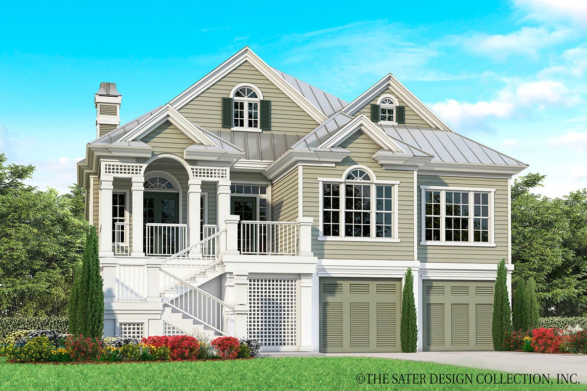 House plan exterior. Two-story home with Craftsman style. Features include gabled roof, covered porch with columns, and two-car garage.